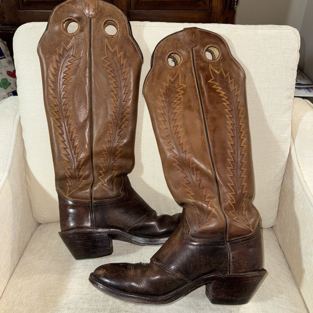 Drews Boots 18" Tall Buckaroo Cowboy Boots 10.5D Brown Leather Handmade USA